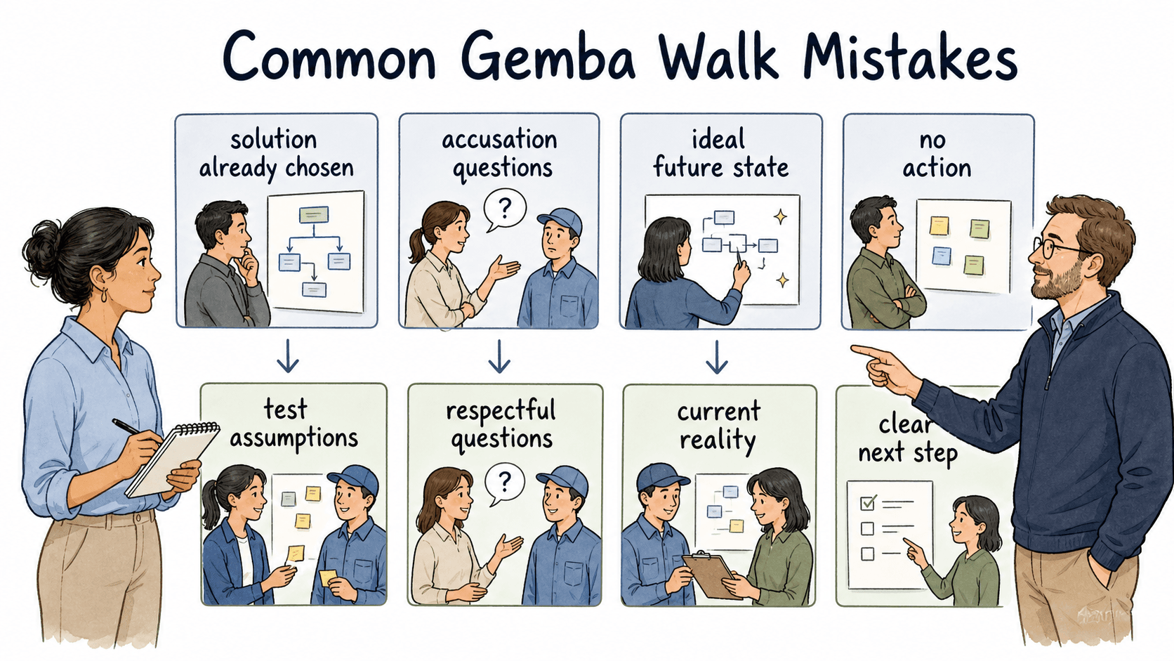 Gemba walks lose value when observers arrive with a solution, ask accusatory questions, document only the ideal state, or fail to act.