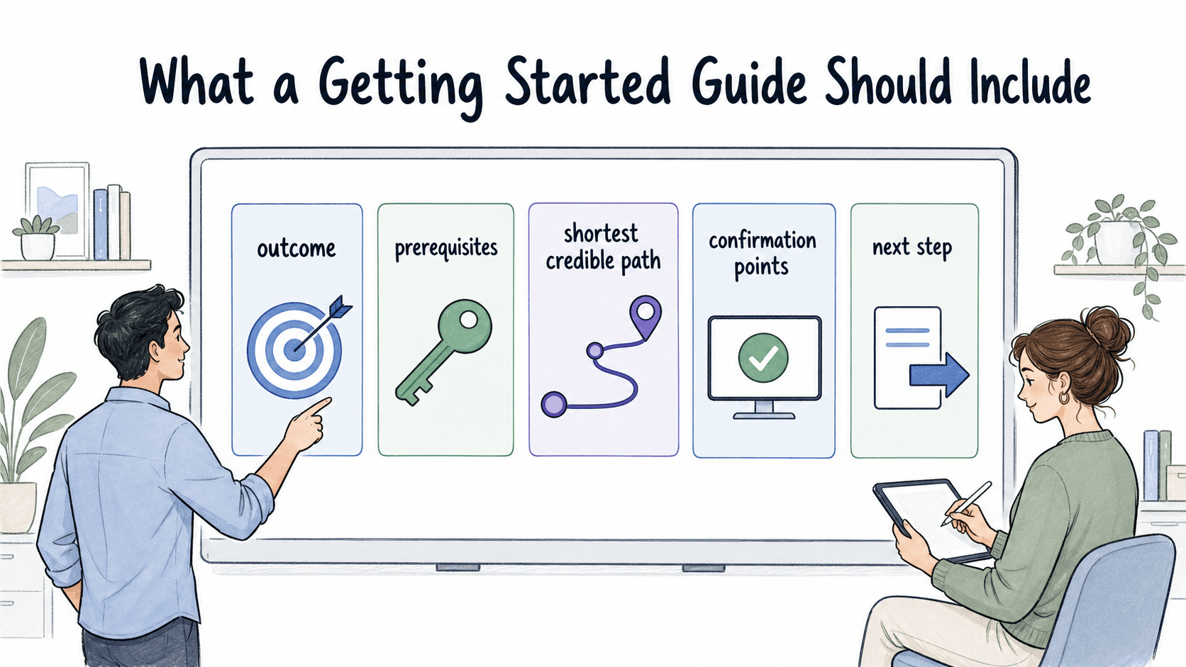 Strong getting started guides focus on the outcome, prerequisites, shortest credible path, confirmation points, and next step.