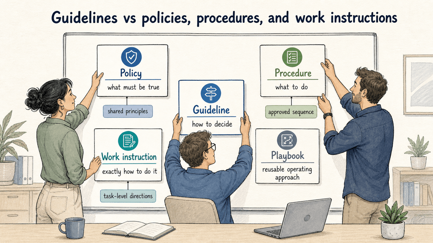Policies define what must be true, procedures explain what to do, work instructions show exactly how, and guidelines help people decide when context matters.