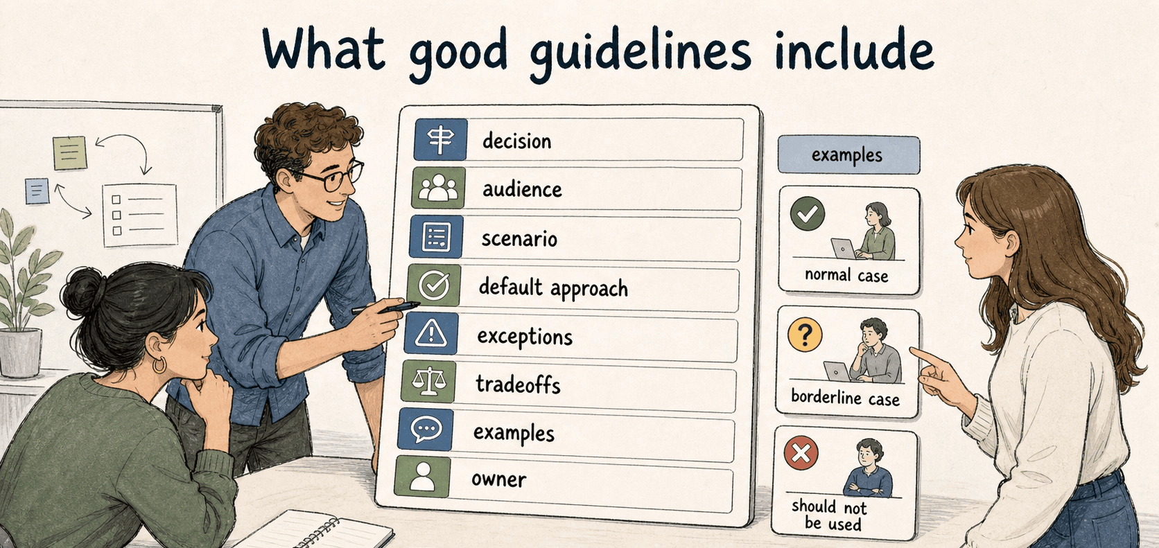A strong guideline names the decision, audience, scenario, default approach, exceptions, tradeoffs, examples, and owner.