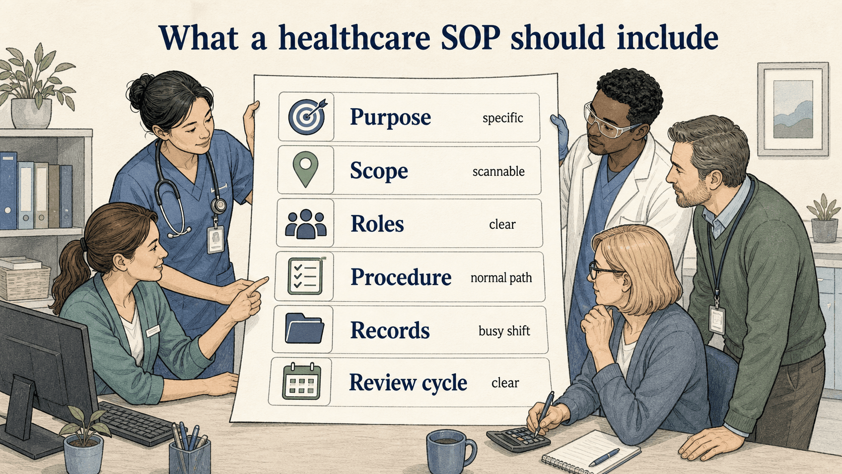 A strong healthcare SOP clarifies purpose, scope, roles, procedure, records, and review cycle so staff can use it during a busy shift.