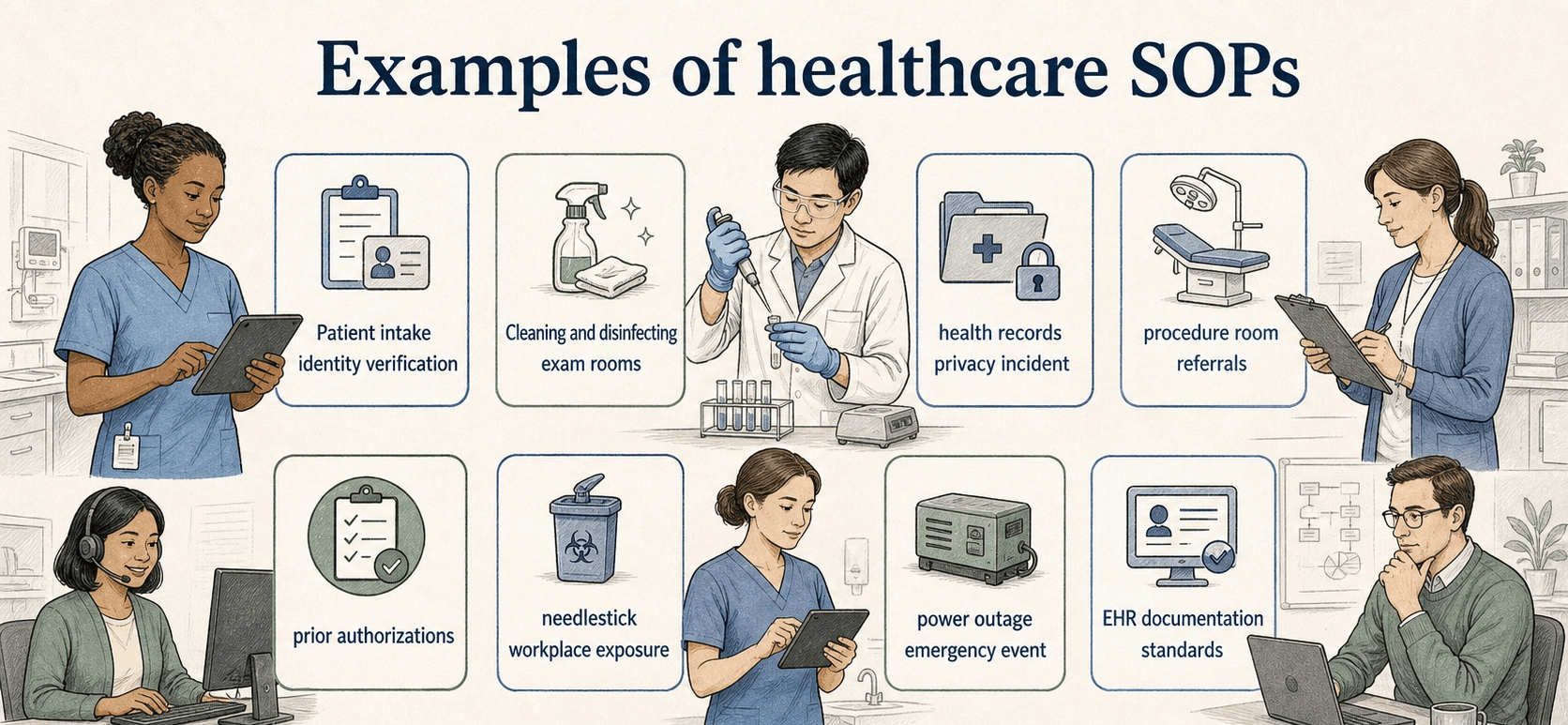 Healthcare SOPs can cover clinical, operational, and administrative work, with the level of detail matched to the risk.