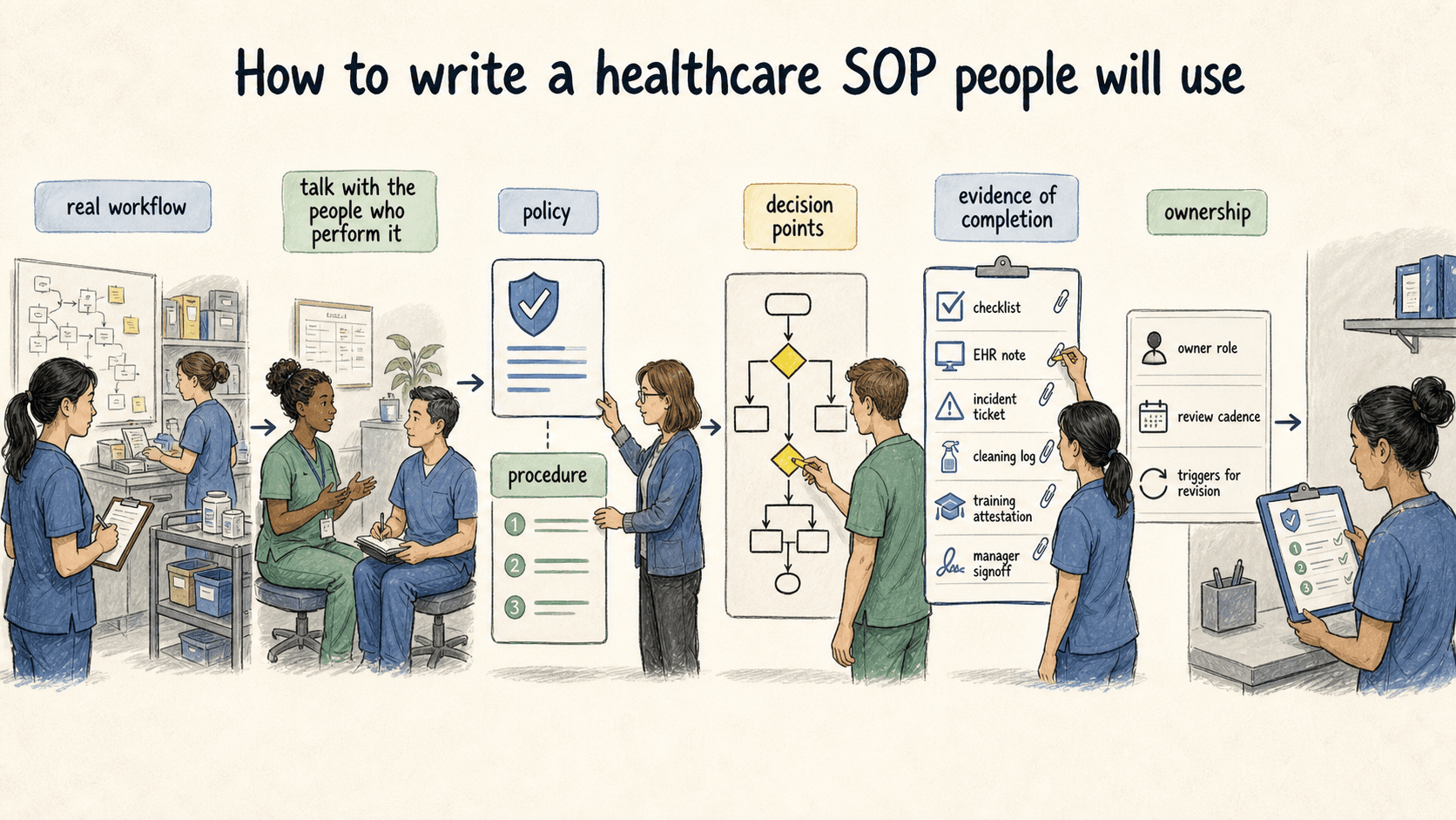 Useful SOPs start with the real workflow, separate policy from procedure, show decision points, build in evidence, and assign ownership.