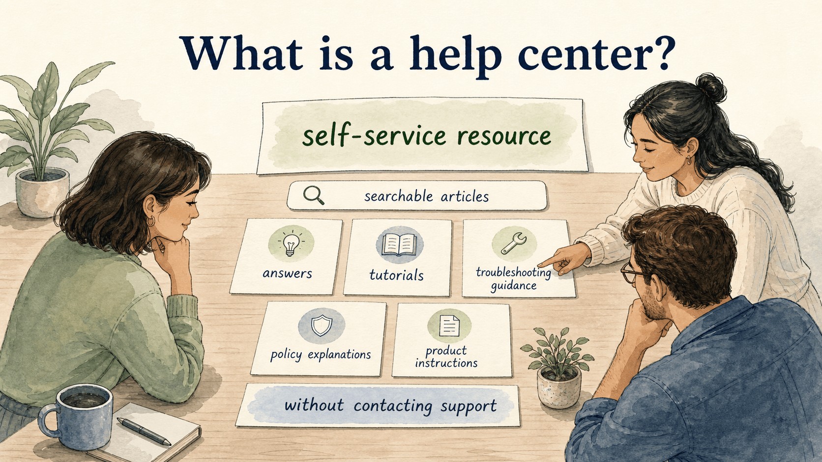 A help center is a self-service resource where users can find answers, tutorials, troubleshooting guidance, policy explanations, and product instructions without contacting support.