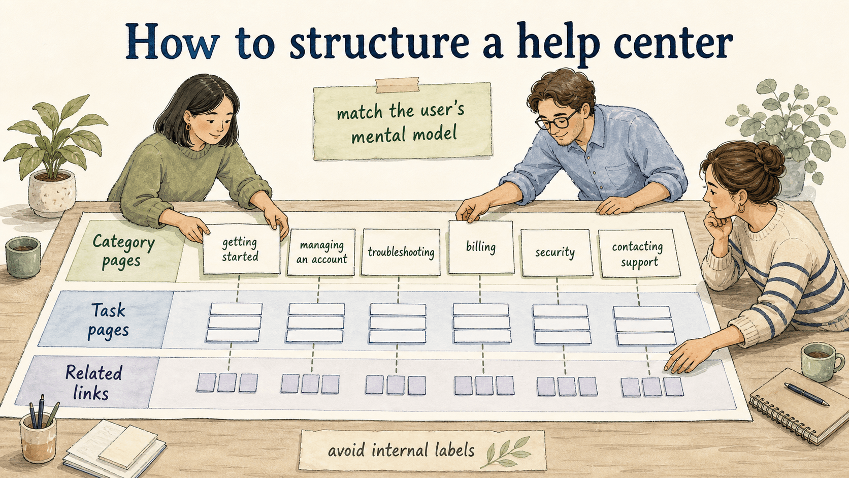 A help center should match the user's mental model with category pages, task pages, and related links that help people continue without returning to search.