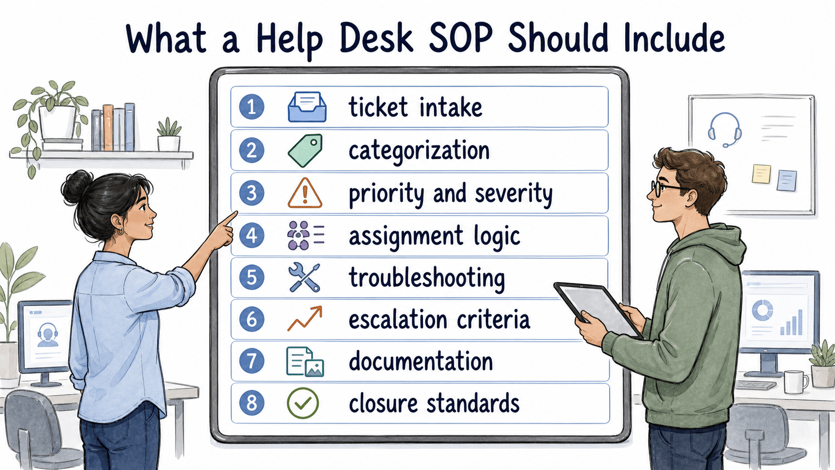 A useful help desk SOP covers intake, categorization, priority, assignment, troubleshooting, escalation, documentation, and closure.