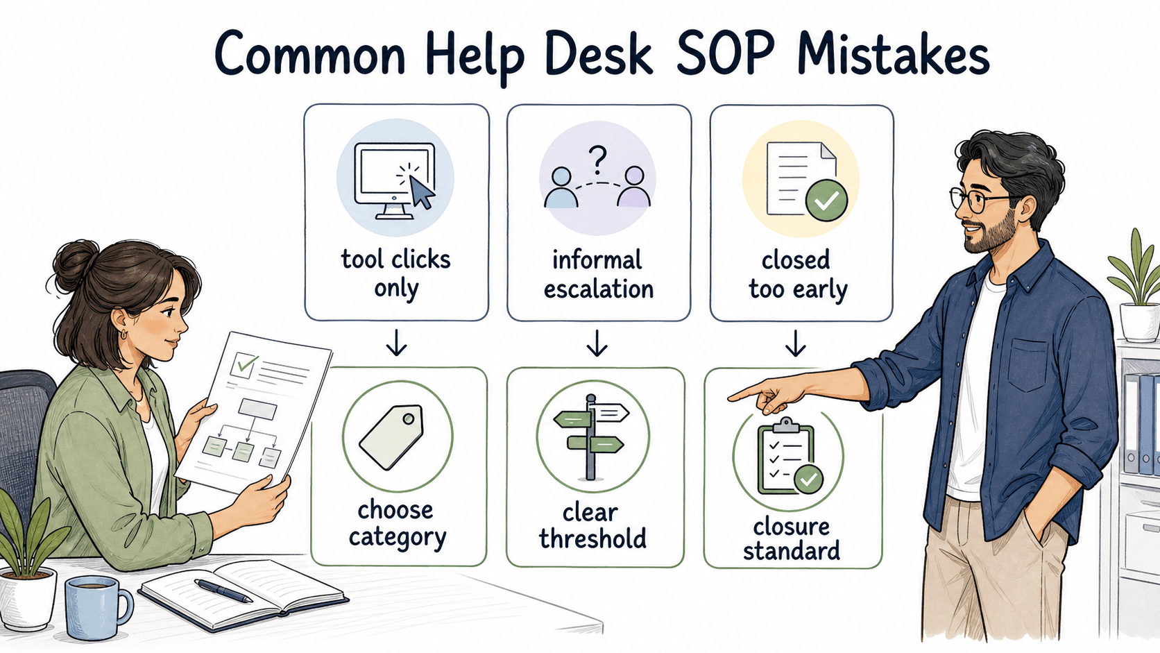 Help desk SOPs fail when they document clicks instead of decisions, leave escalation informal, or close tickets too early.