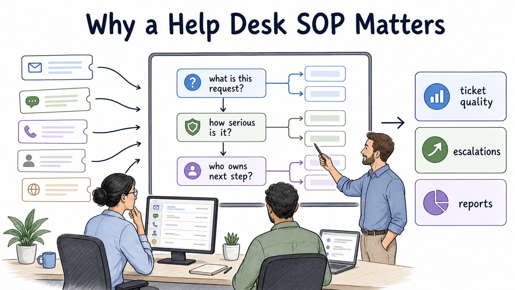 A help desk SOP makes ticket quality, escalation, ownership, and reporting more consistent across different request types.