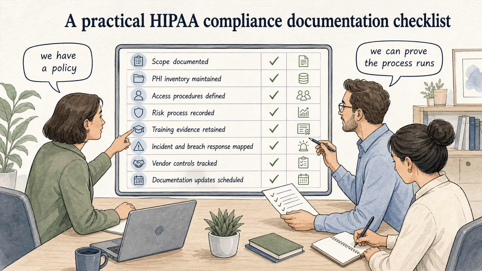 A HIPAA documentation checklist covers scope, access, risk, training, incidents, vendors, and updates.