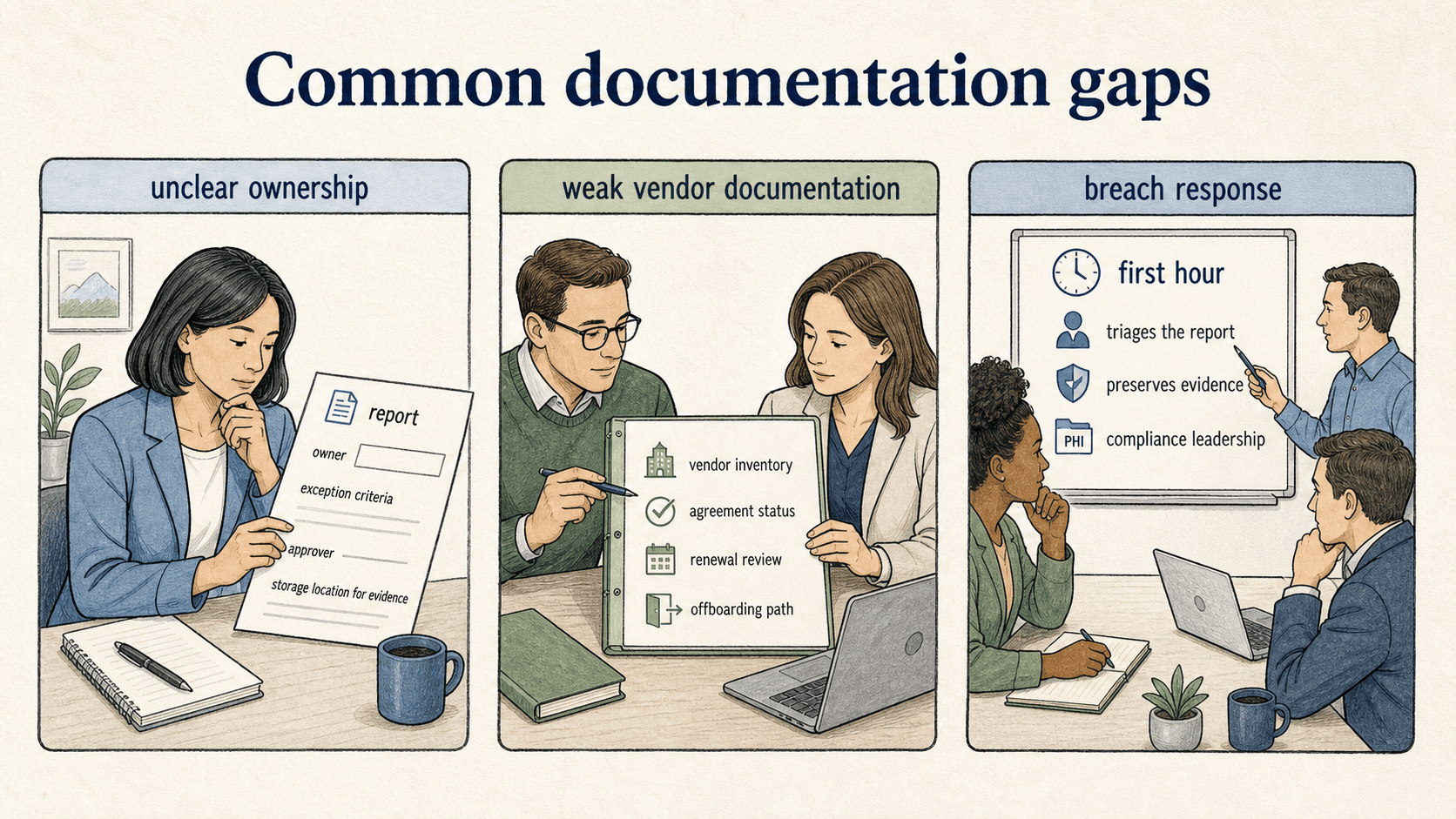 HIPAA documentation gaps include unclear ownership, weak vendor records, and an unspecified first-hour breach response.