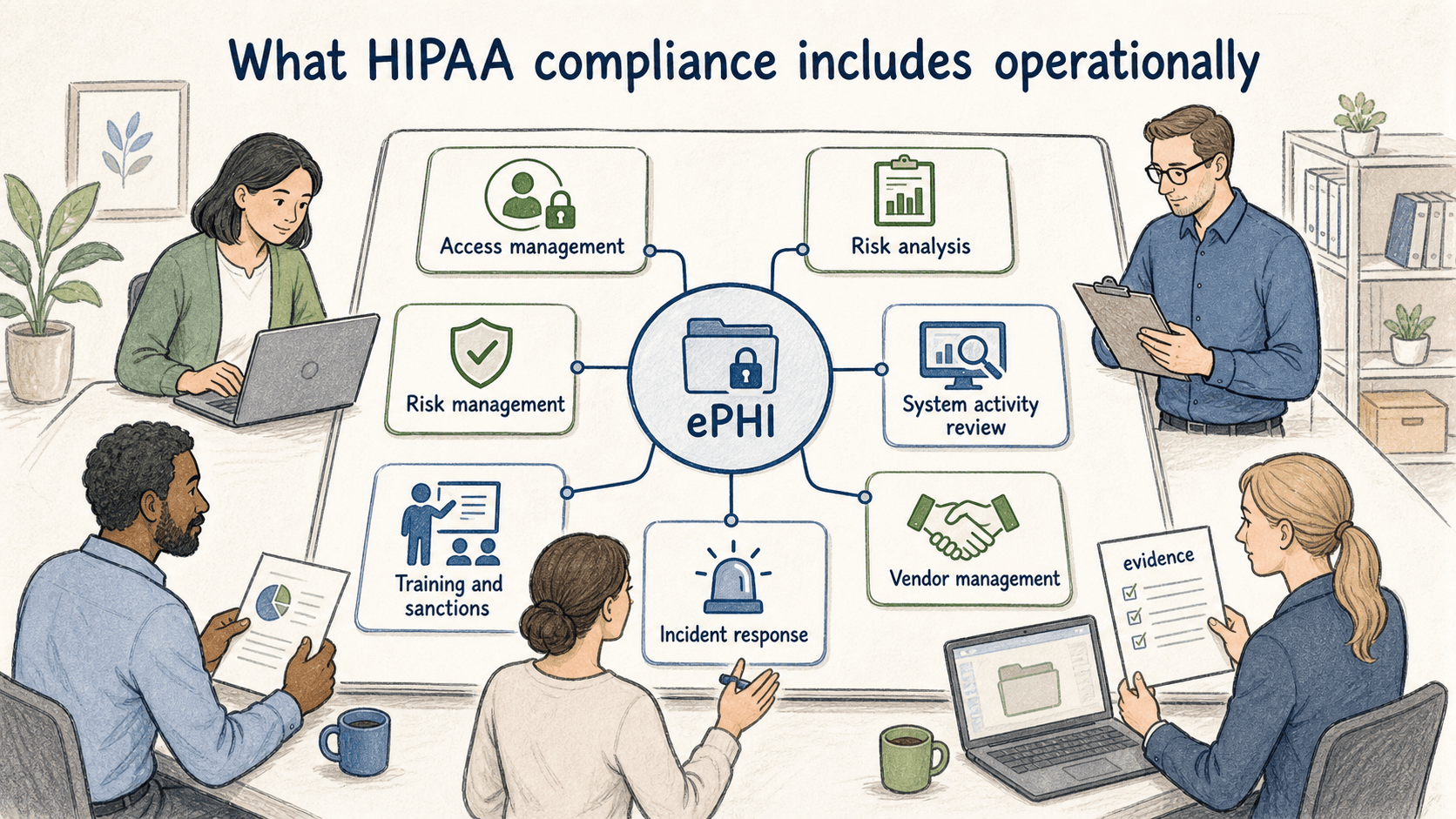 HIPAA operational controls connect ePHI safeguards to access, risk, training, reviews, vendors, incidents, and evidence.