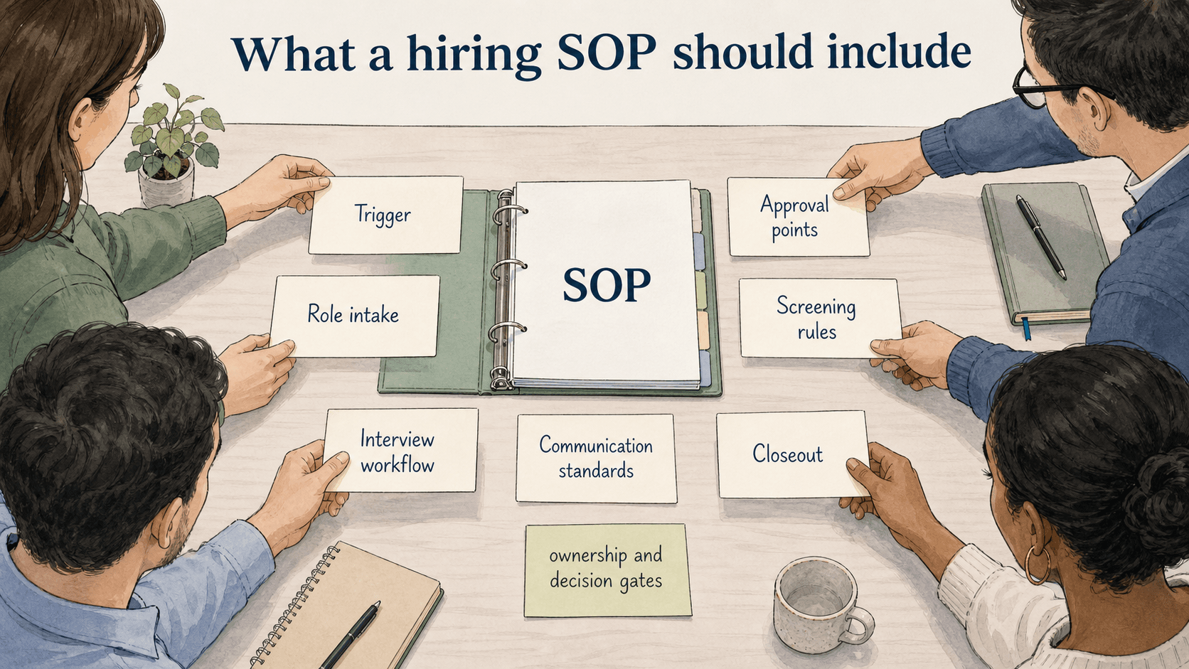 A hiring SOP clarifies ownership and decision gates from intake through closeout.
