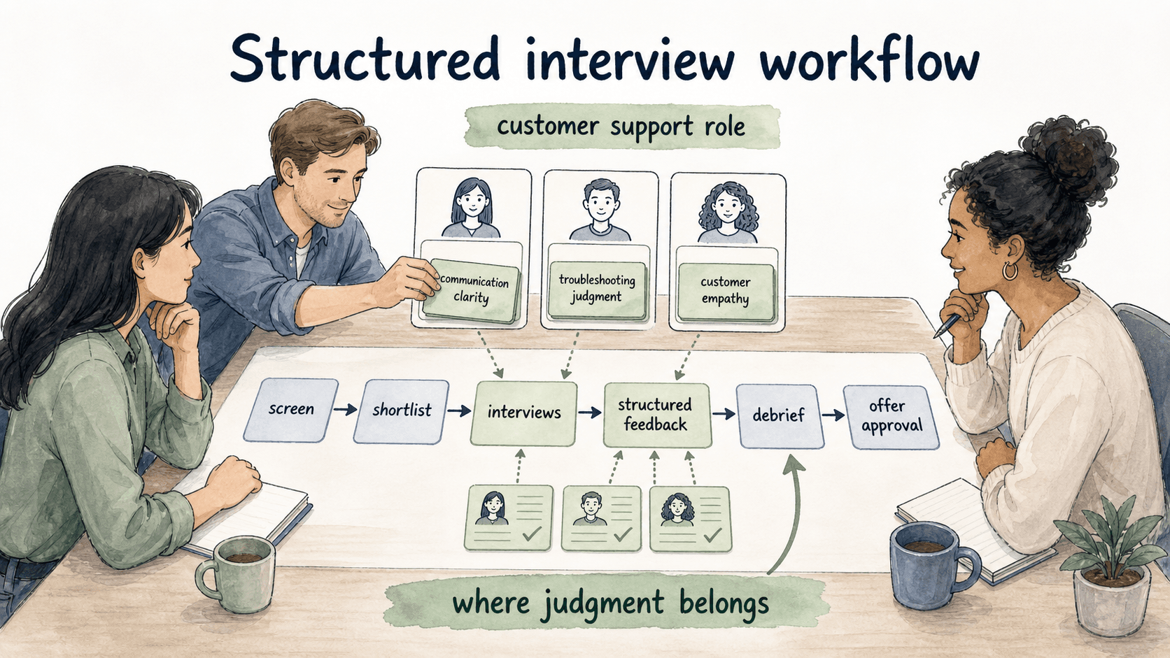 Structured interviews assign evaluation areas and collect feedback before the debrief.