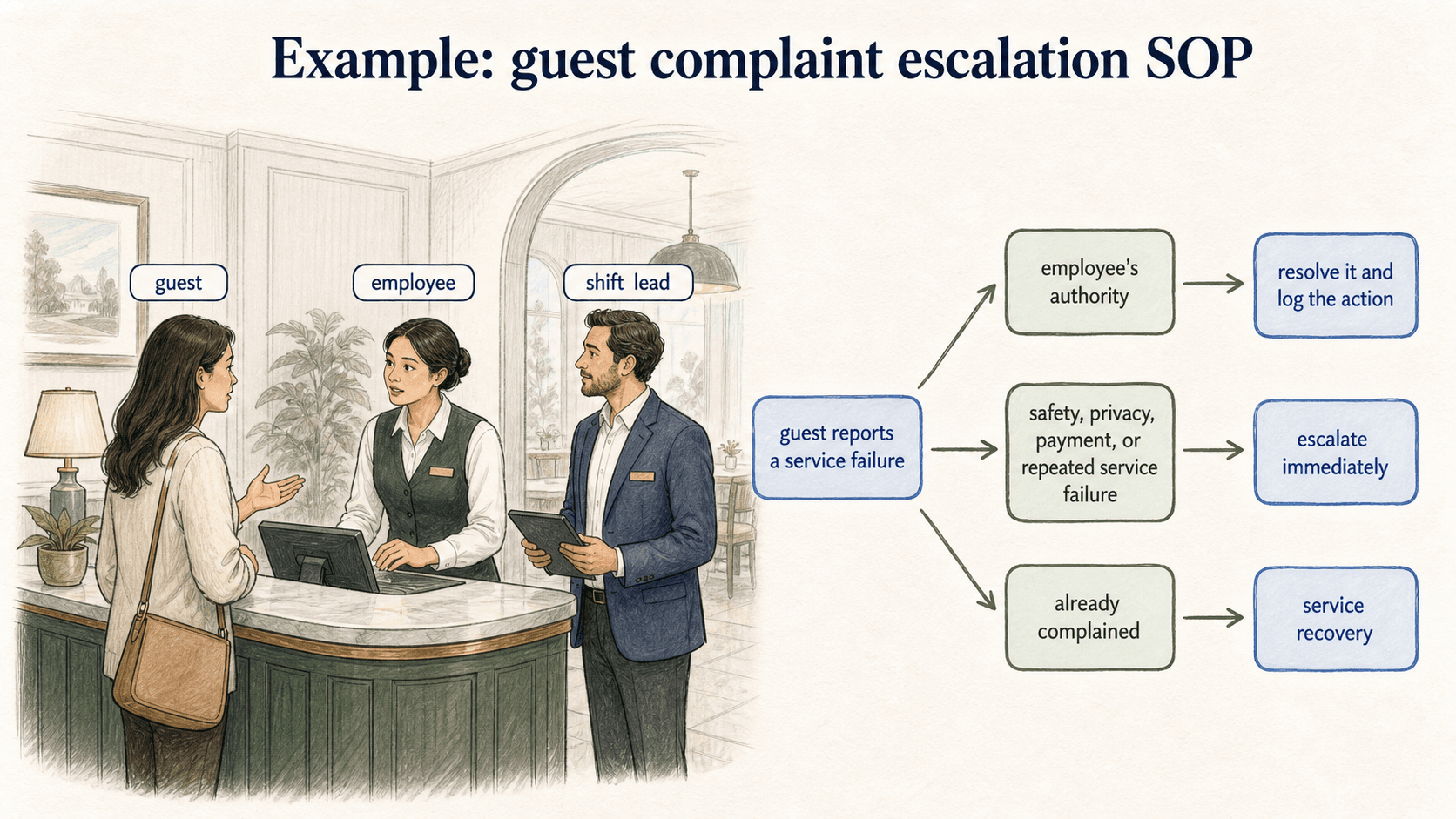 Complaint escalation shows what employees can resolve, what needs immediate escalation, and what becomes service recovery.