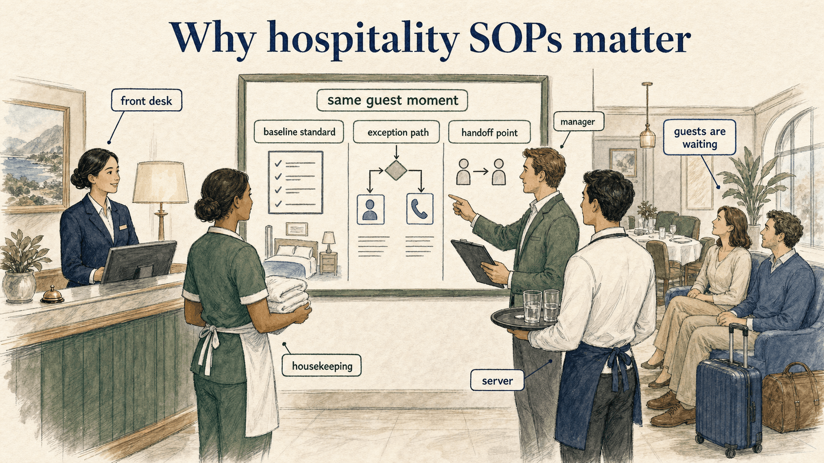 Hospitality SOPs help different roles handle the same guest moment consistently.