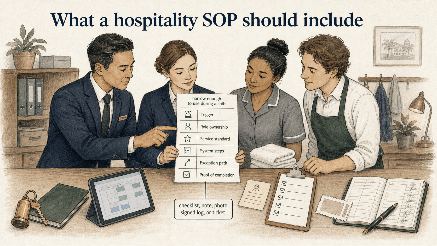 A hospitality SOP includes a trigger, ownership, service standard, system steps, exception path, and proof of completion.