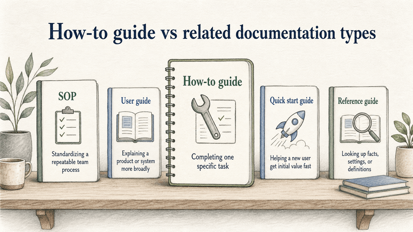 A how-to guide is best for one specific task, while SOPs, user guides, quick starts, and reference guides serve different needs.