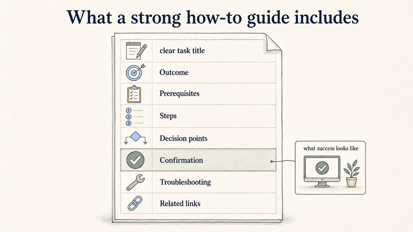 Strong how-to guides name the task, show the outcome, list prerequisites, walk through steps, call out decisions, and confirm success.