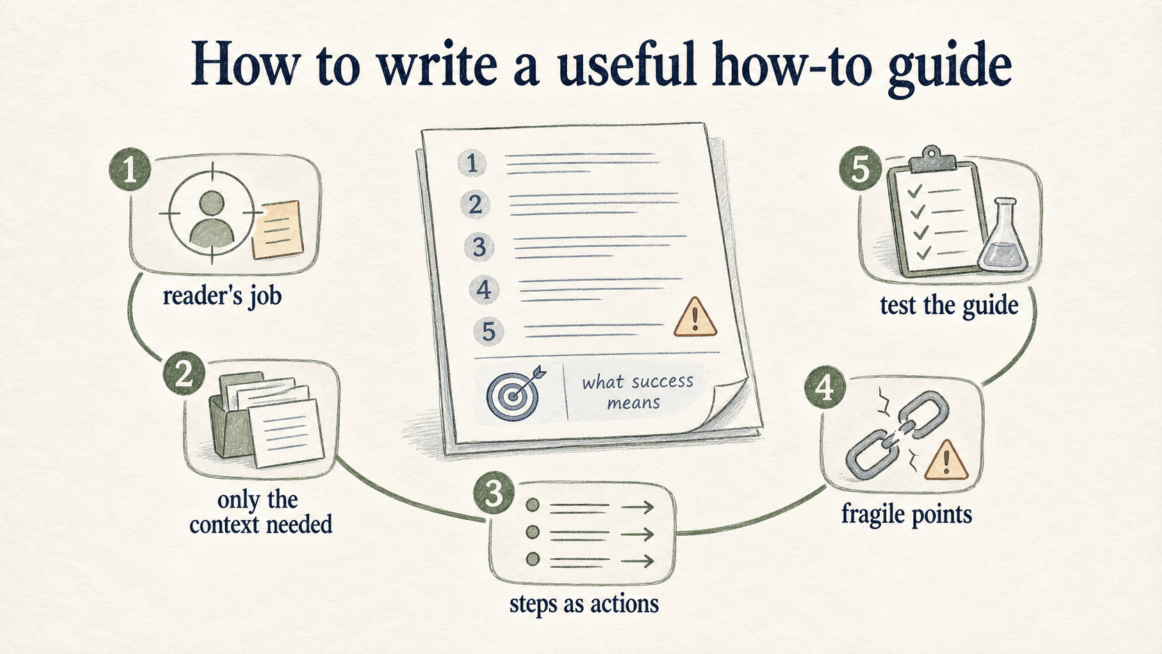 Useful how-to guides start with the reader's job, focus on essential context, use action steps, flag fragile points, and are tested with someone new to the workflow.