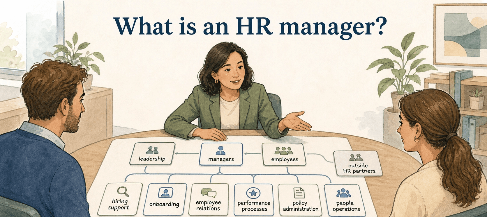 An HR manager sits between leadership, managers, employees, and outside HR partners, turning expectations into clear processes.