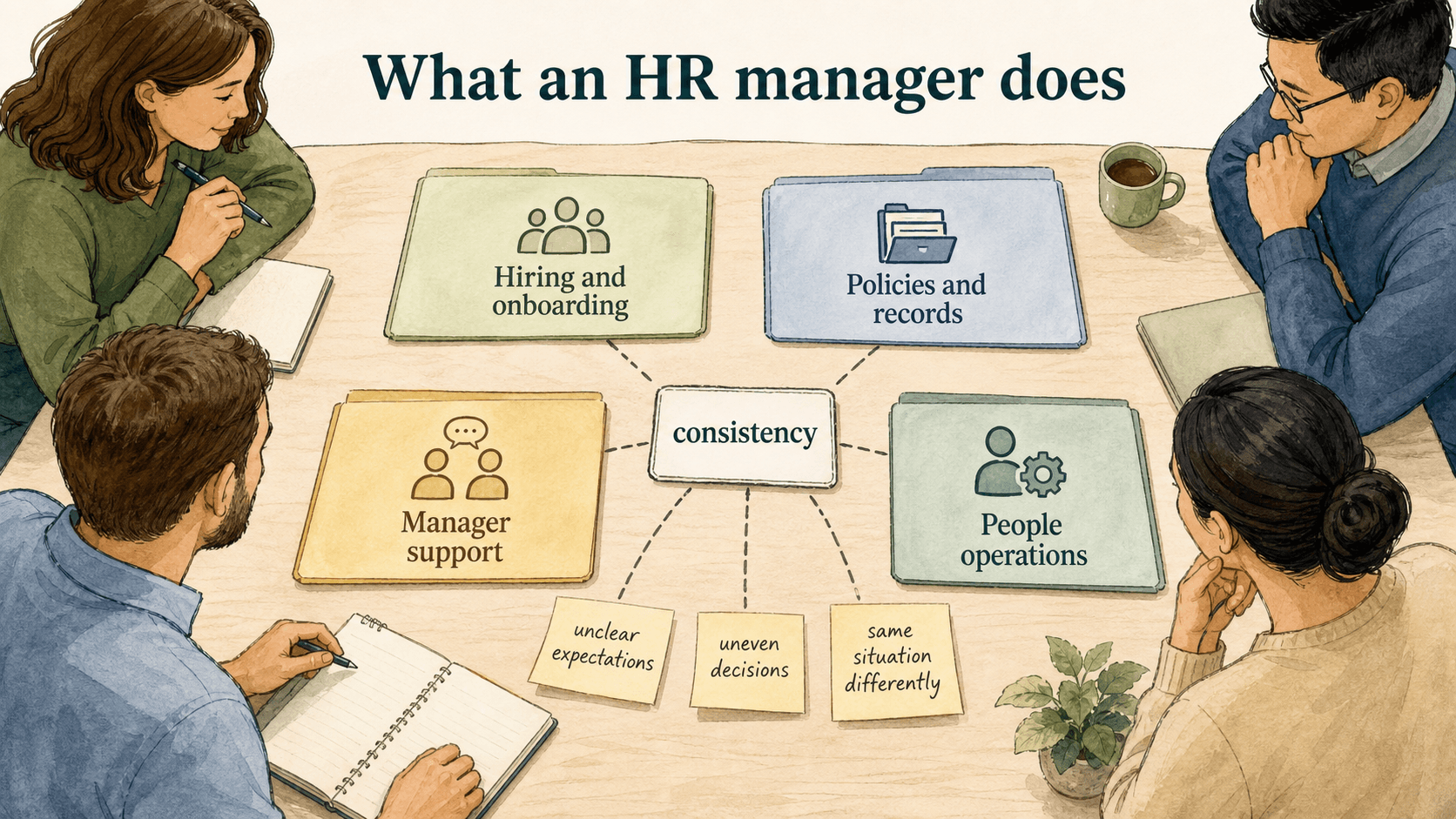 HR manager work spans hiring and onboarding, policies and records, manager support, and people operations.