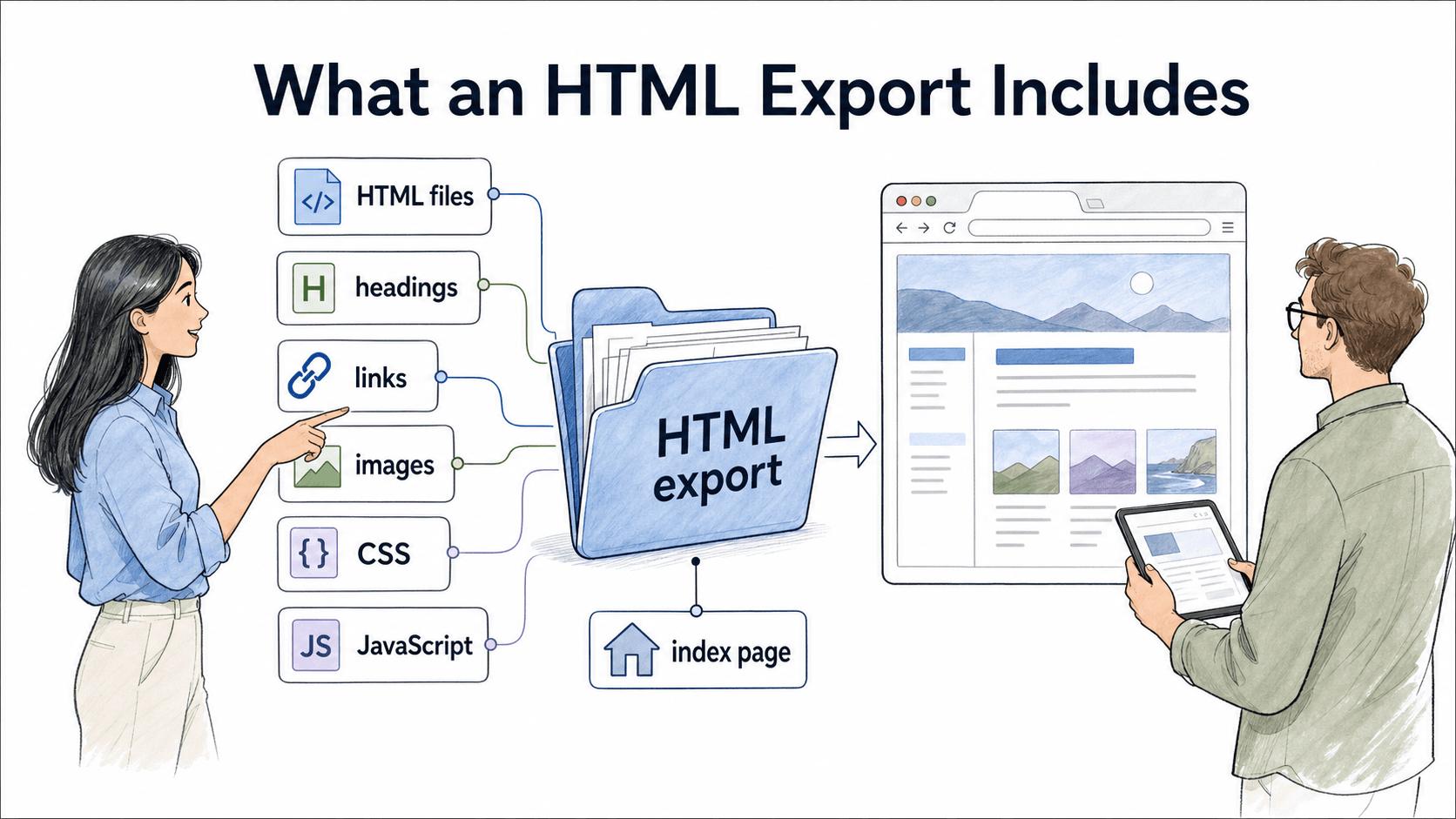 An HTML export packages browser-readable files, links, images, styles, scripts, and an index page for publishing or sharing.