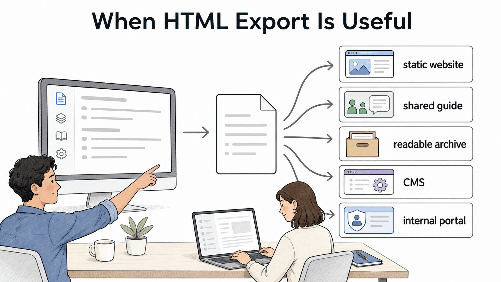 HTML export works best when documentation needs to move into a static site, shared guide, archive, CMS, or internal portal.