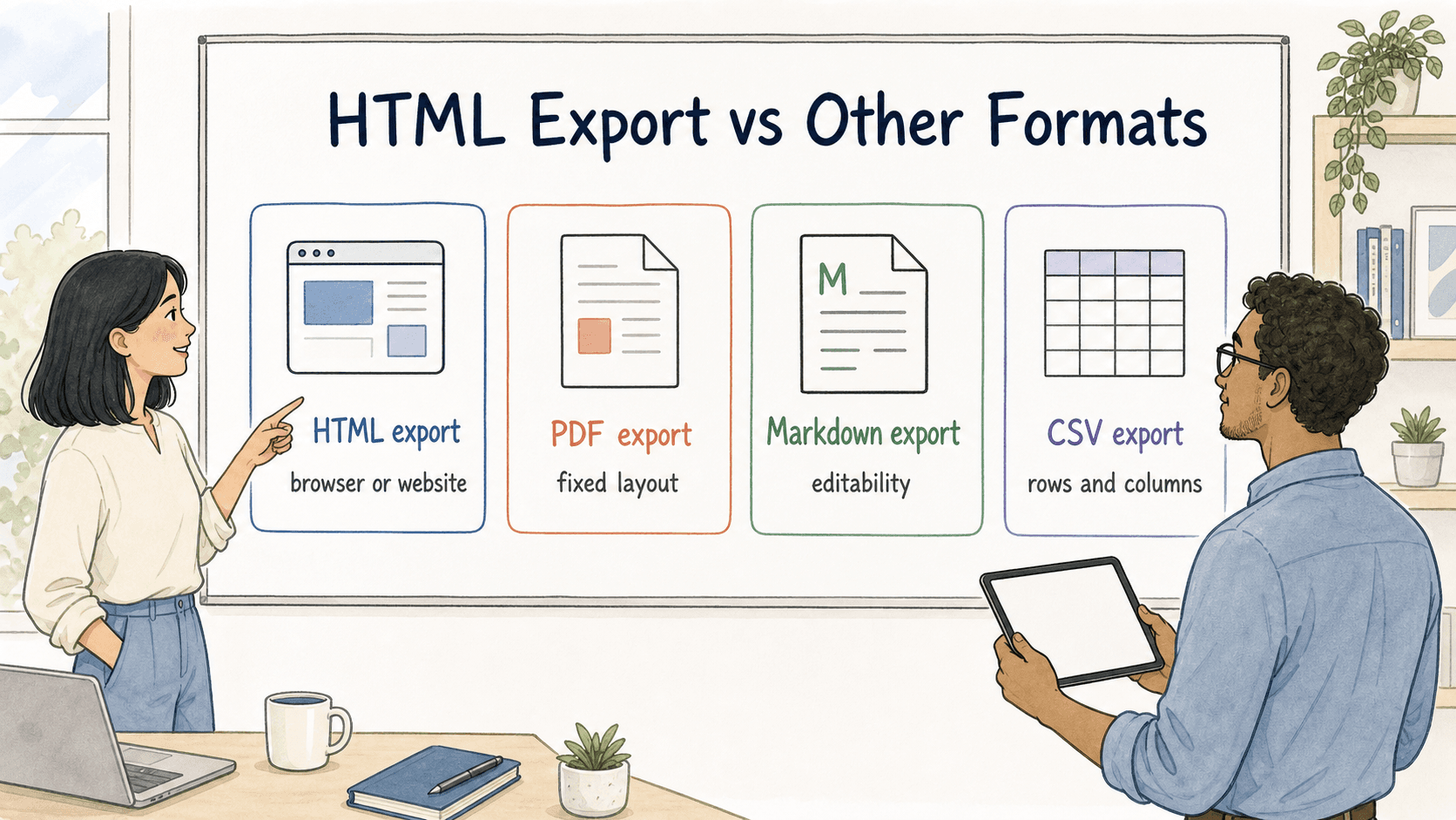 HTML, PDF, Markdown, and CSV each fit different documentation destinations and tradeoffs.