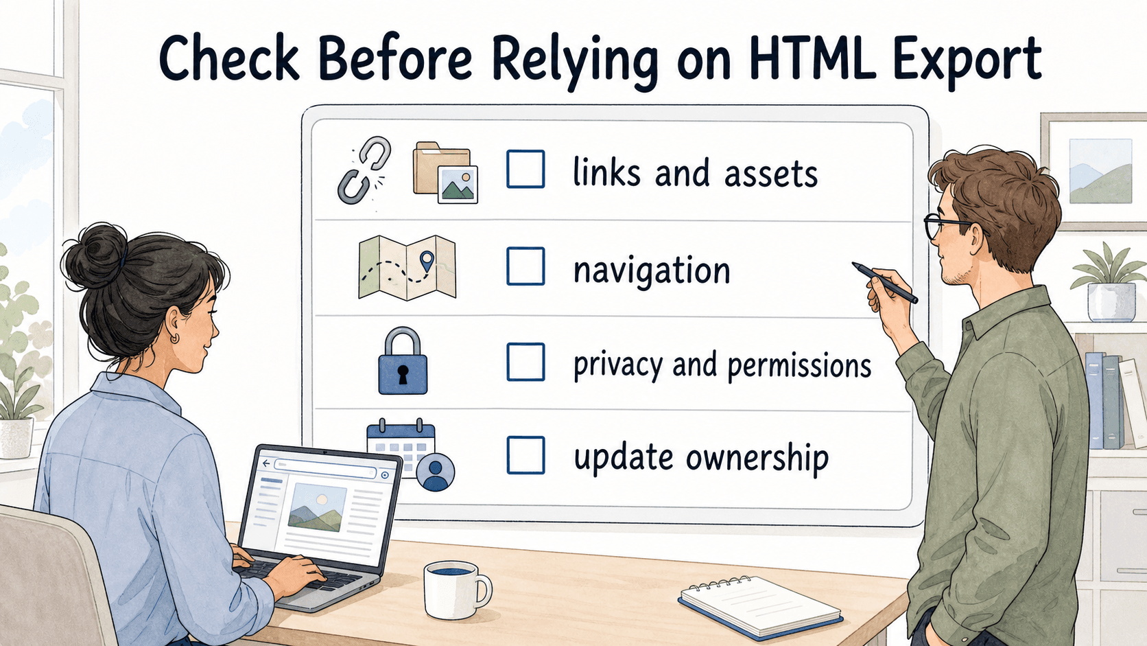 Before relying on an HTML export, check links, assets, navigation, privacy, permissions, and update ownership.
