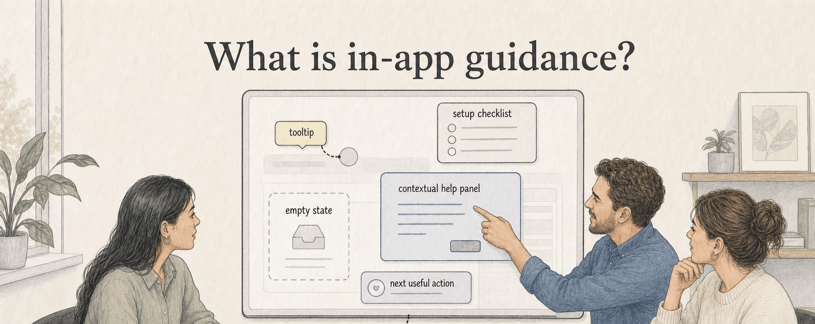 In-app guidance gives help inside the product so users can choose, continue, or recover without leaving the workflow.