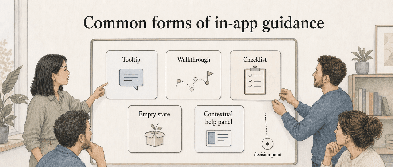 Tooltips, walkthroughs, checklists, empty states, and contextual help panels work best at the right decision point.