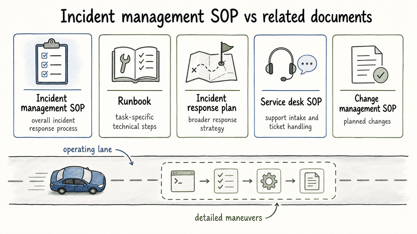 The SOP defines the operating lane, while runbooks, response plans, service desk SOPs, and change management SOPs support specific parts of the work.