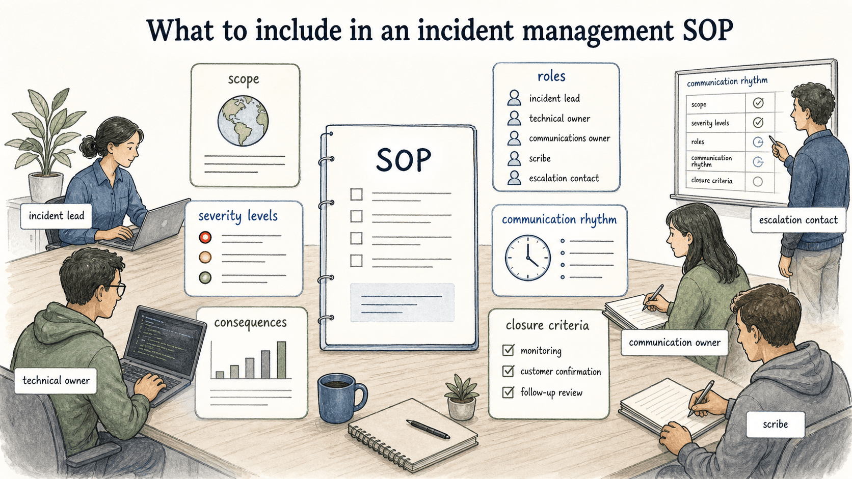 A useful incident management SOP defines scope, severity levels, roles, communication rhythm, and closure criteria before pressure hits.