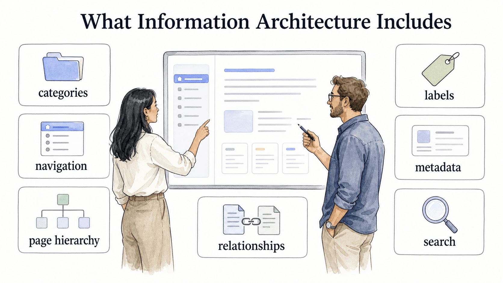 Information architecture organizes categories, labels, navigation, hierarchy, metadata, search, and relationships so people can find and use content.