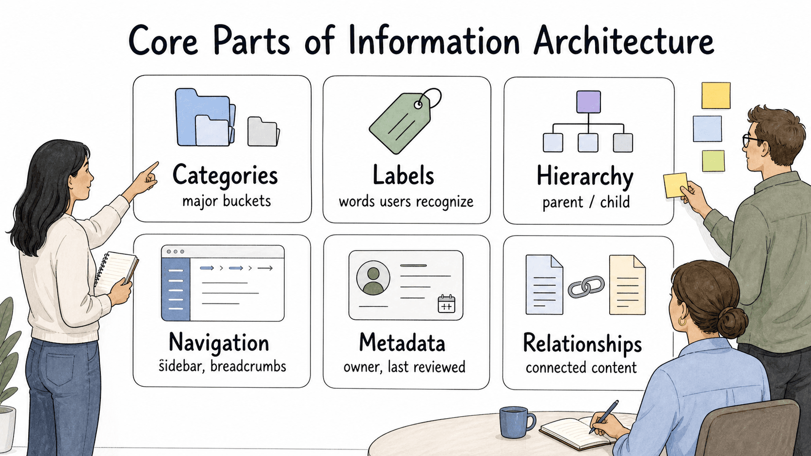 The core parts of IA work together to make documentation easier to structure, label, navigate, and maintain.
