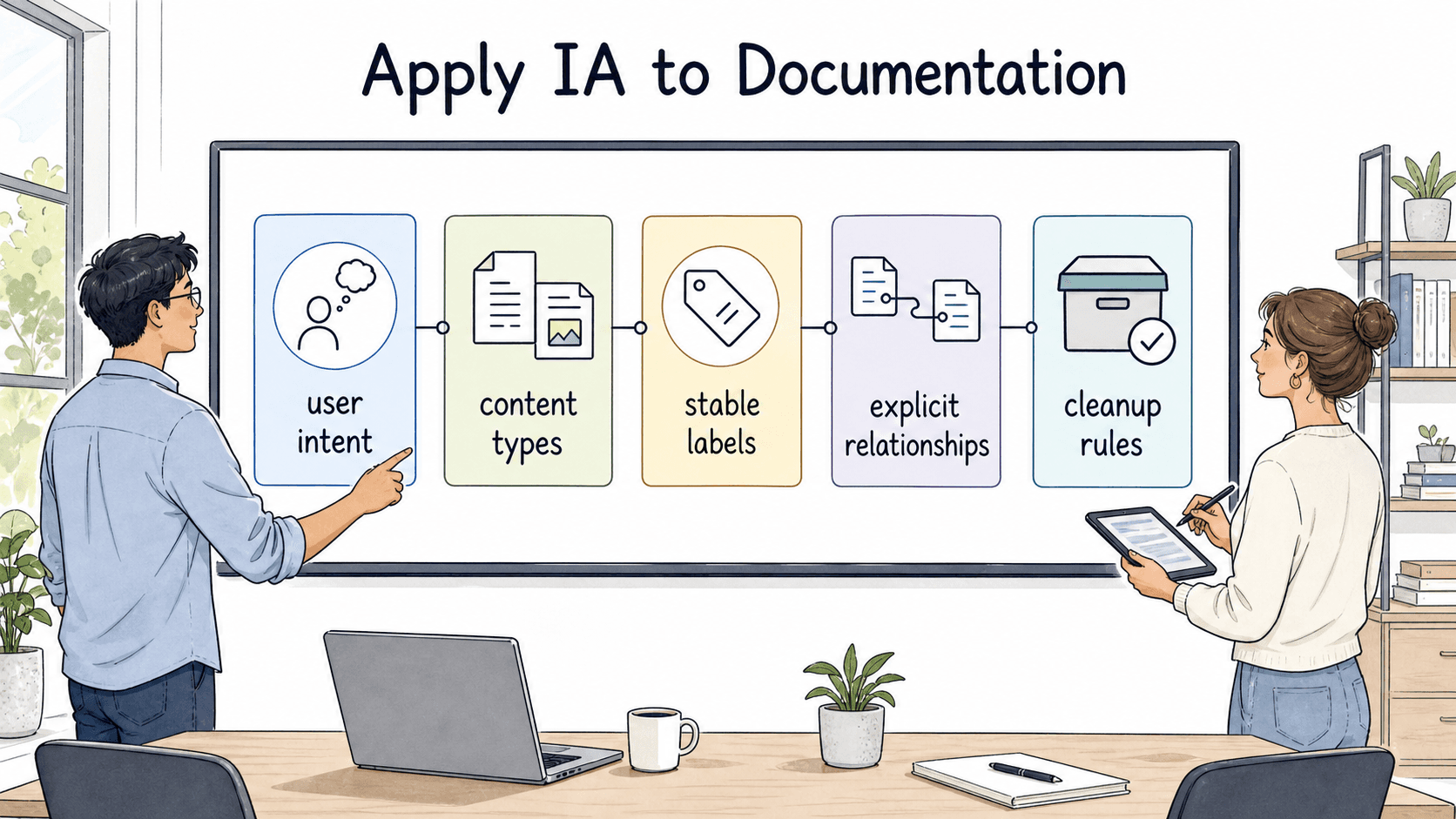 Applying IA to documentation starts with user intent, then clarifies content types, labels, relationships, and cleanup rules.