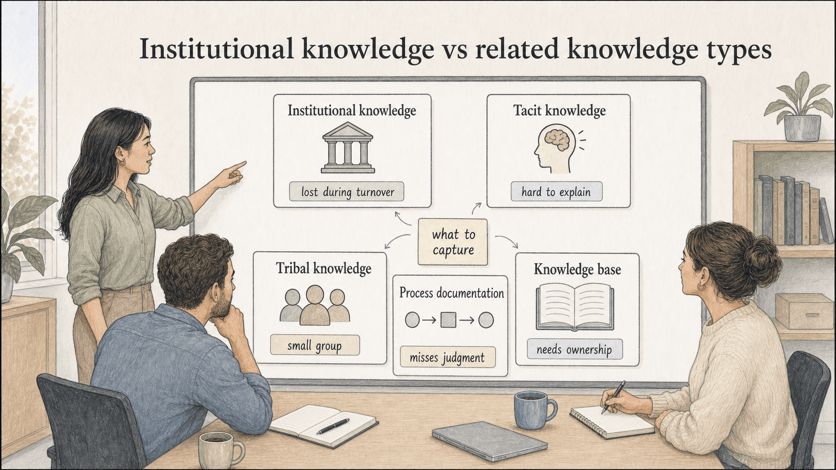 The distinctions between institutional knowledge, tacit knowledge, tribal knowledge, process documentation, and a knowledge base help teams decide what to capture.