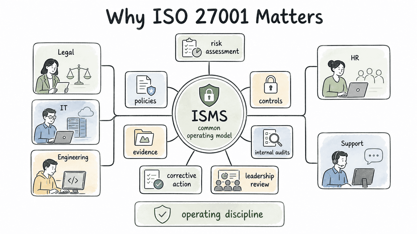 ISO 27001 uses an ISMS to connect risk assessment, policies, controls, evidence, internal audits, corrective action, and leadership review.