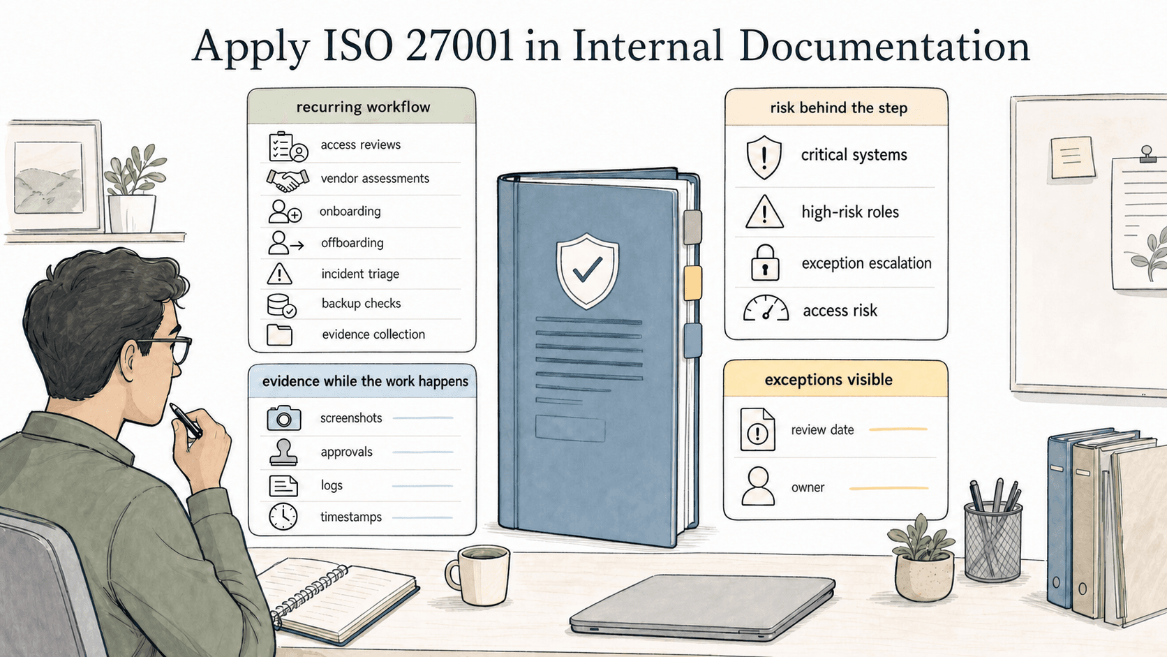 Useful ISO 27001 documentation names recurring workflows, the risk behind each step, evidence created during work, and visible exception ownership.