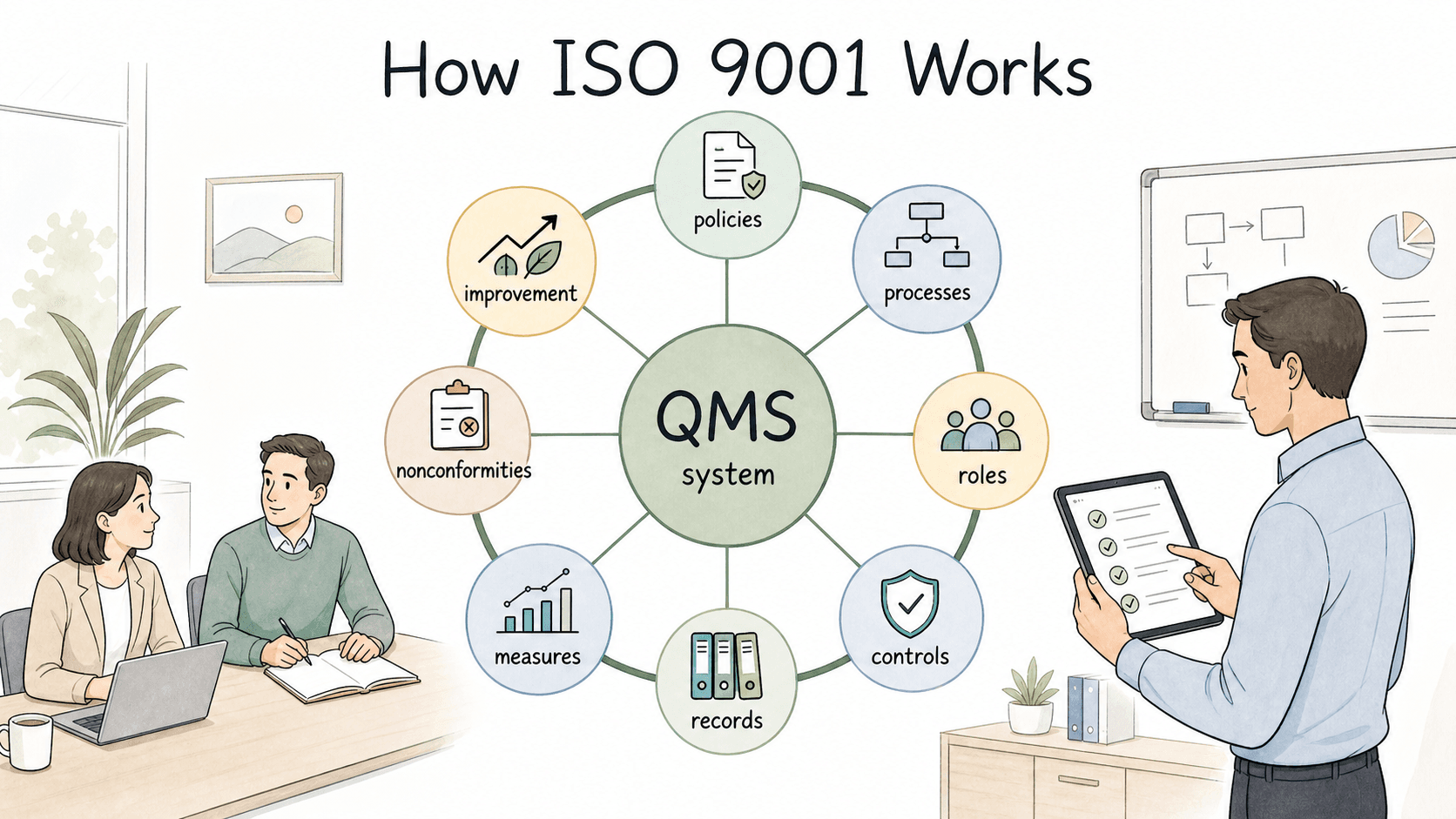 A QMS connects policies, processes, roles, controls, records, measures, nonconformities, and improvement into one system.