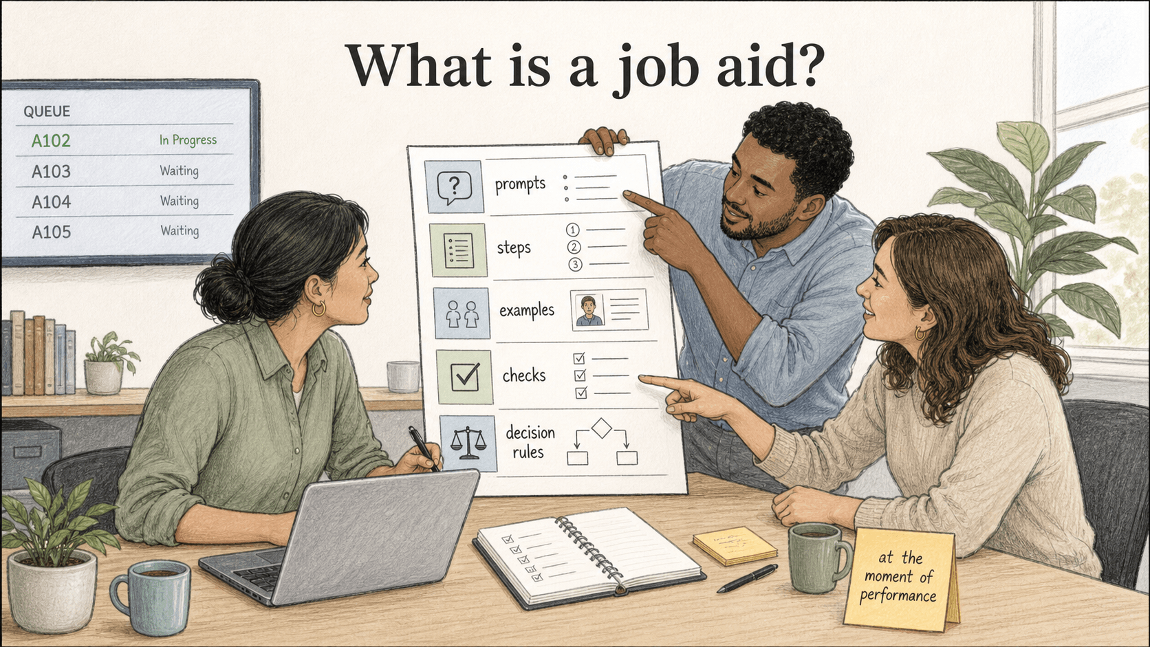 A job aid gives the prompts, steps, examples, checks, or decision rules someone needs at the moment of performance.