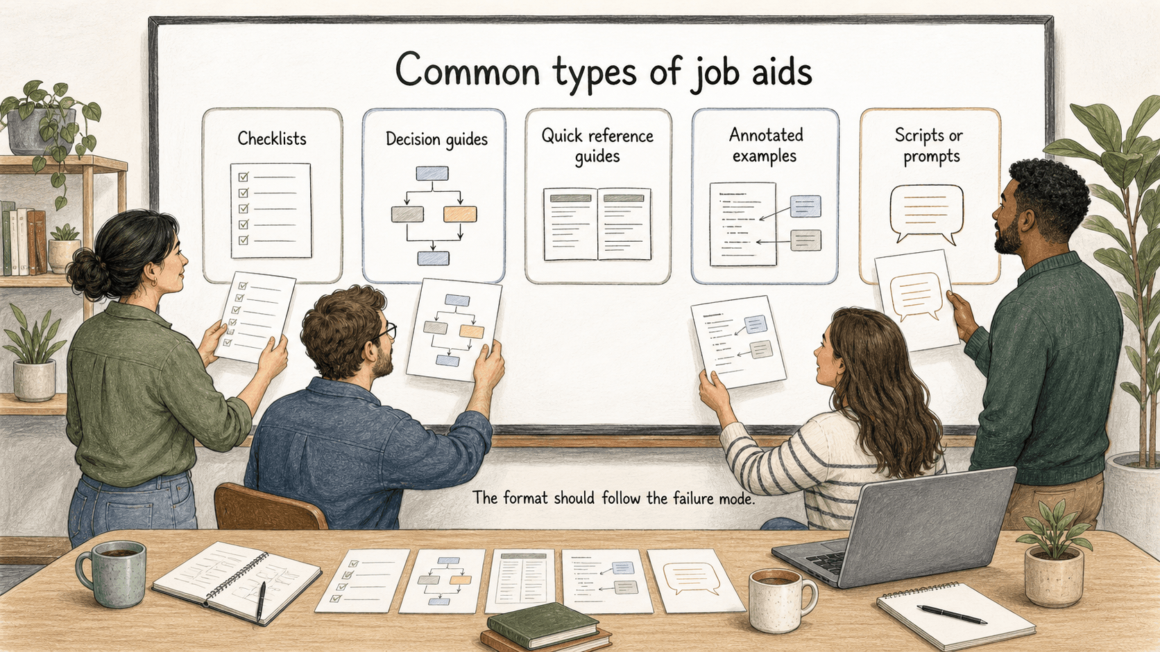 The format should follow the failure mode: skipped steps need a checklist, wrong paths need a decision guide, and forgotten details need a quick reference.