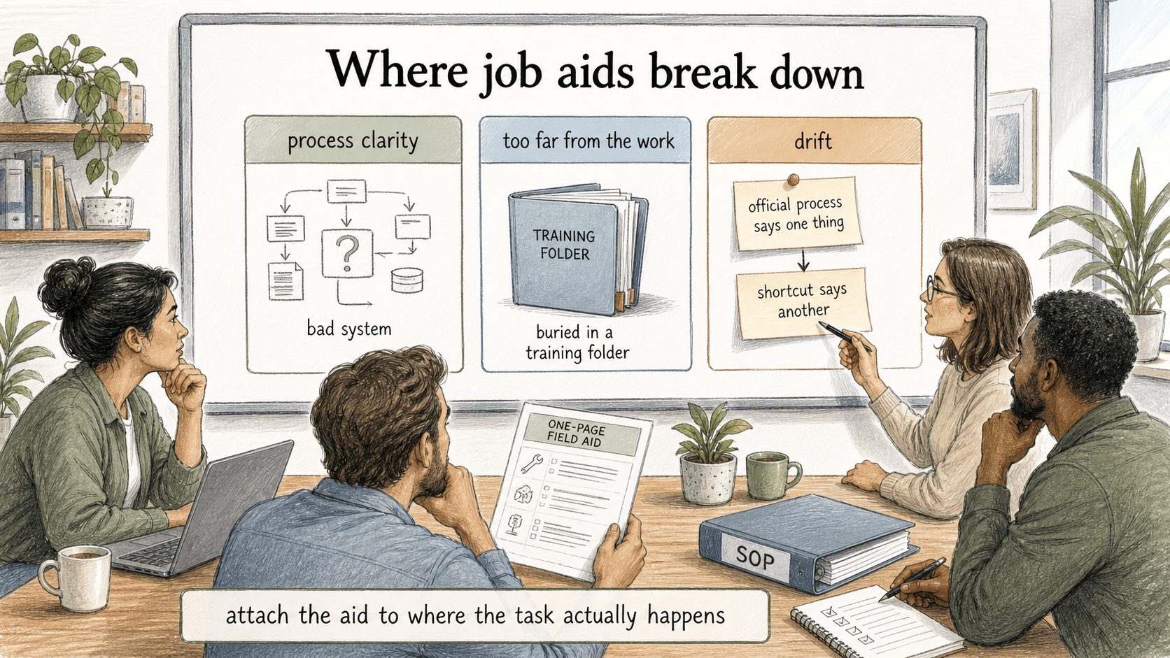 Job aids work best when they are attached to the tool, checklist, queue, onboarding flow, or SOP where the task actually happens.