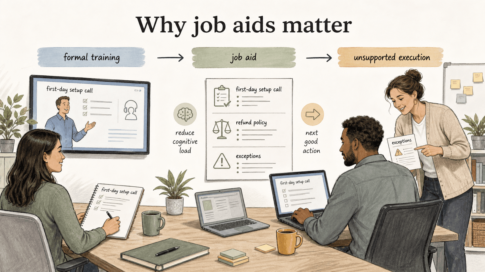 A job aid helps someone apply training correctly when the work is in front of them.