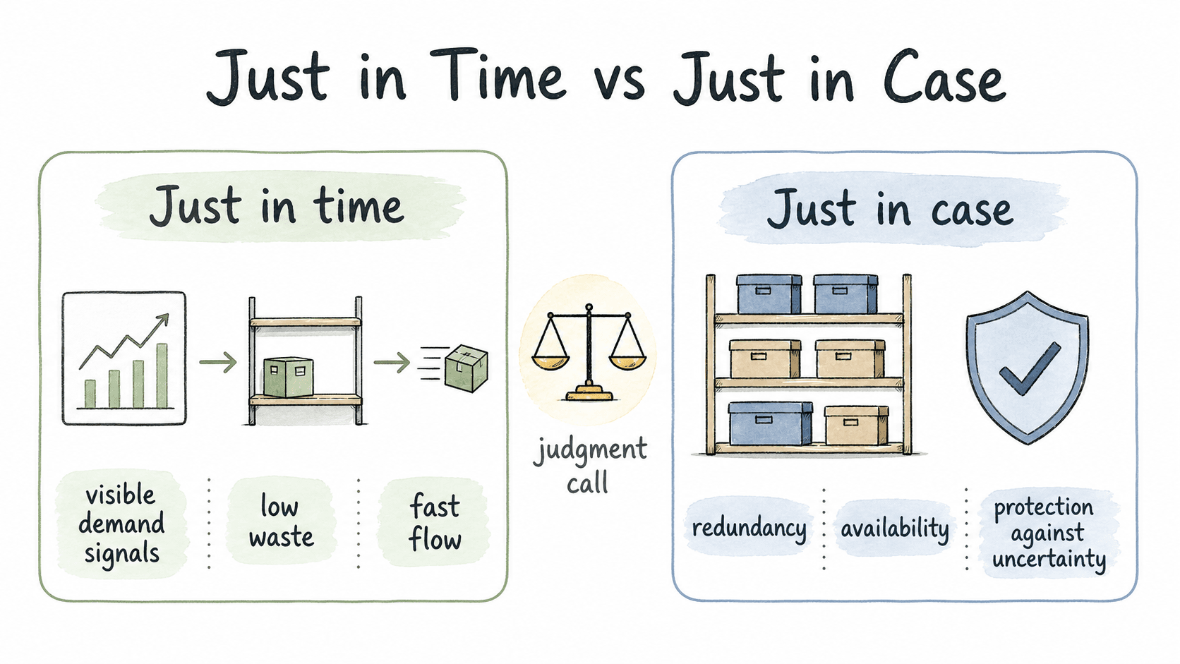 Just in time optimizes for low waste and fast flow, while just in case protects against uncertainty with intentional redundancy.