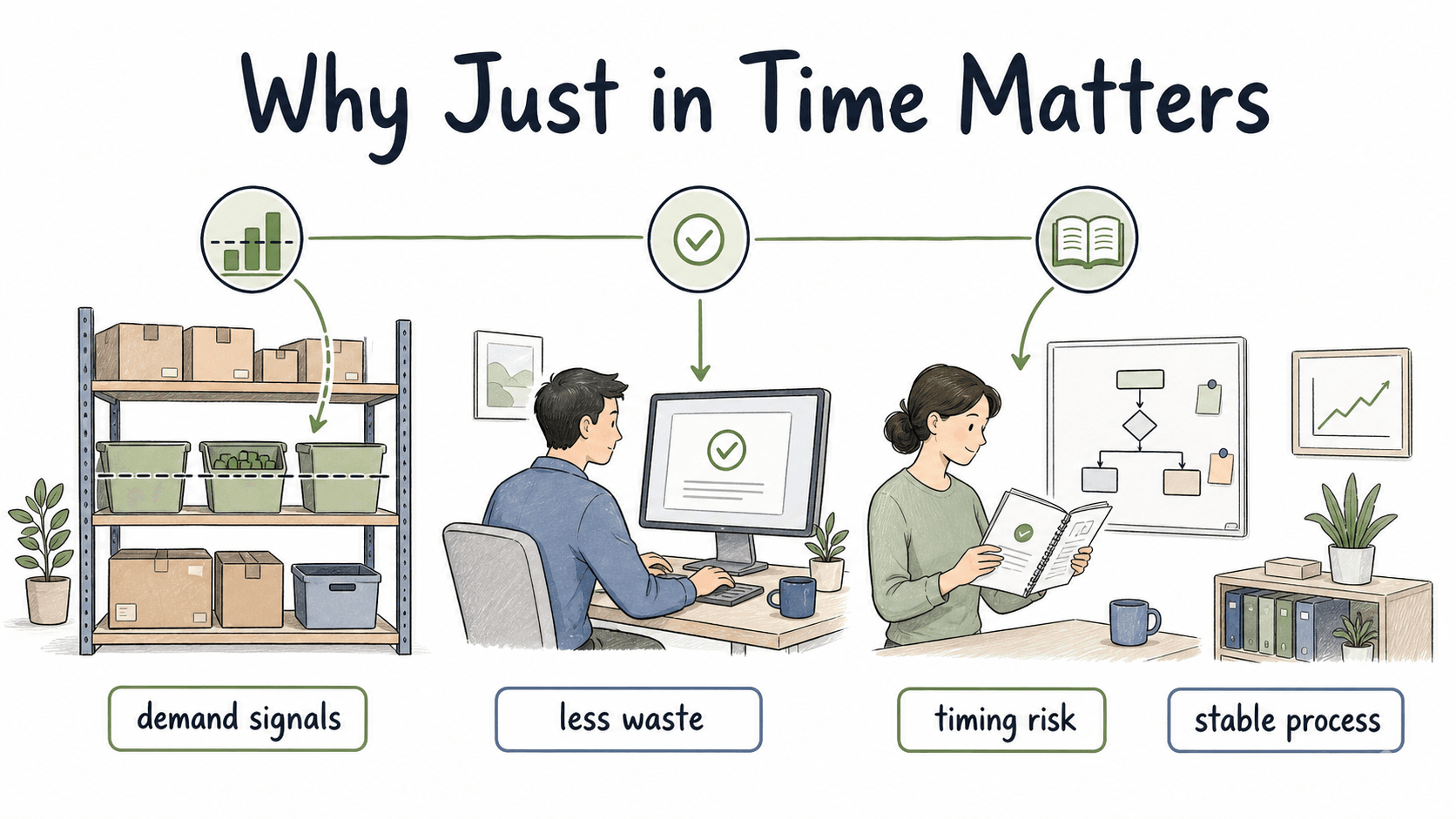 JIT uses demand signals to reduce waste, but it only works when the process is stable enough to handle timing risk.