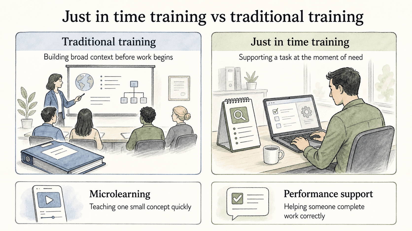 Traditional training builds broad context; just in time training supports a task at the moment of need.