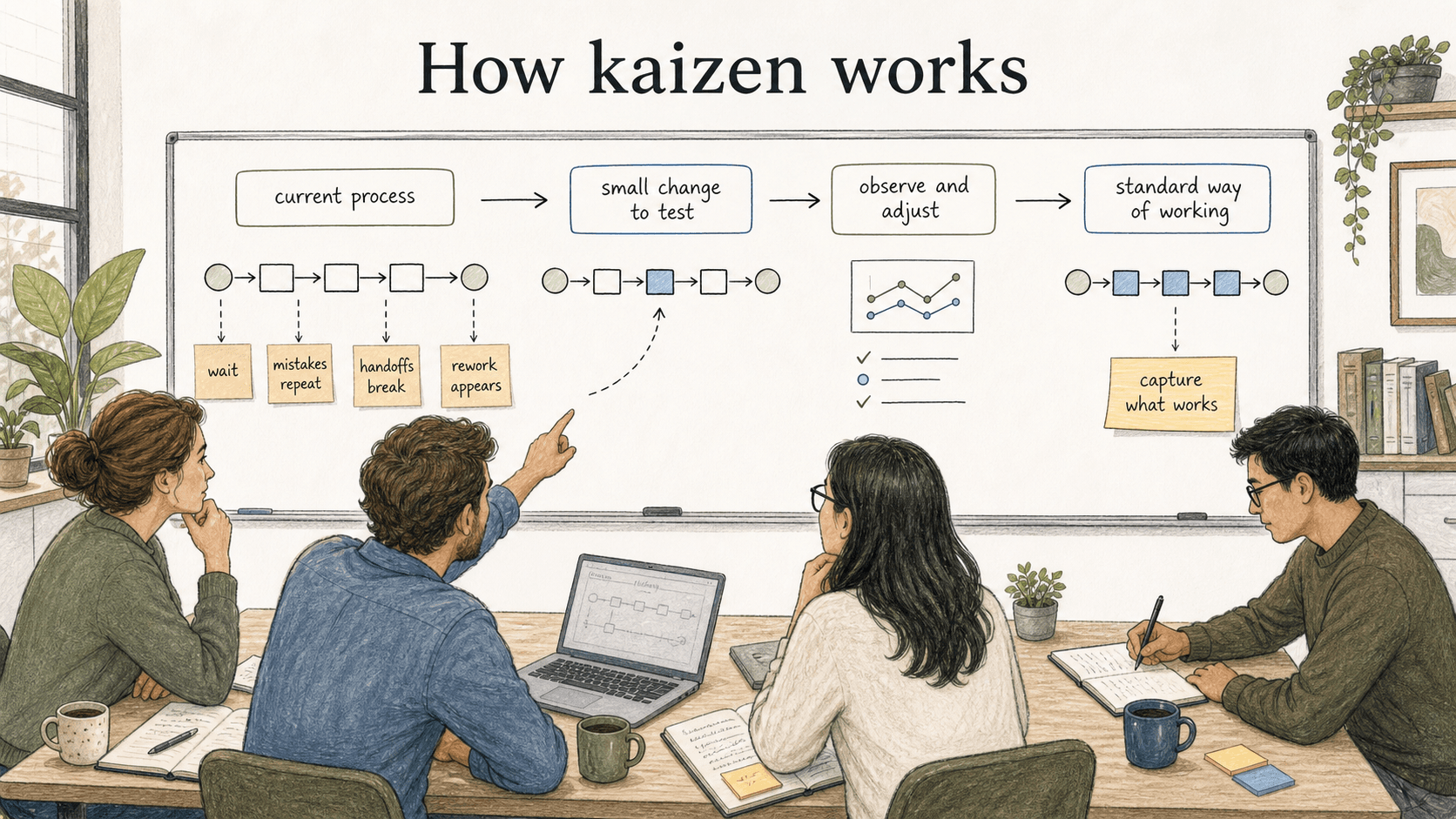 Kaizen favors improvements that are small enough to try, observe, and adjust, then capture in standard work.