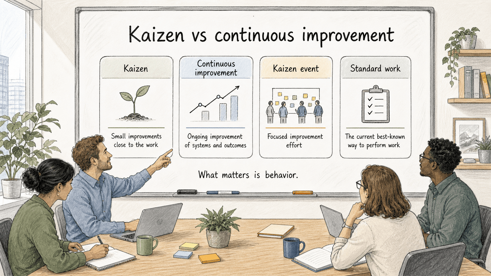 Kaizen is one practical expression of continuous improvement when teams make small improvements close to the work.