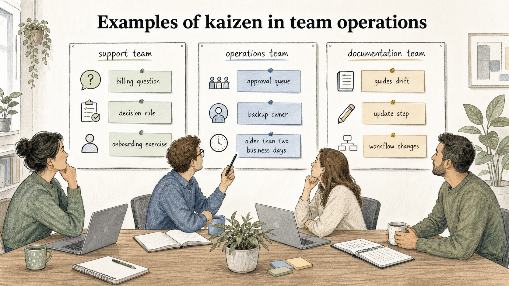 Kaizen turns daily friction into clearer decision rules, visible queues, backup owners, and updated documentation.